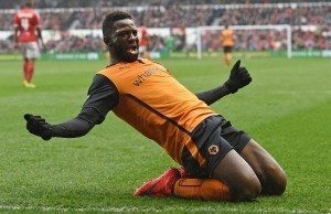 150403, Fotboll, Engelska League Championship, Nottingham Forest - Wolverhampton Wanderers: Football - Nottingham Forest v Wolverhampton Wanderers - Sky Bet Football League Championship - The City Ground - 3/4/15 Wolves' Bakary Sako celebrates scoring their second goal Mandatory Credit: Action Images / Alan Walter Livepic EDITORIAL USE ONLY. No use with unauthorized audio, video, data, fixture lists, club/league logos or "live" services. Online in-match use limited to 45 images, no video emulation. No use in betting, games or single club/league/player publications. Please contact your account representative for further details. © Bildbyrn - COP 7 - SWEDEN ONLY